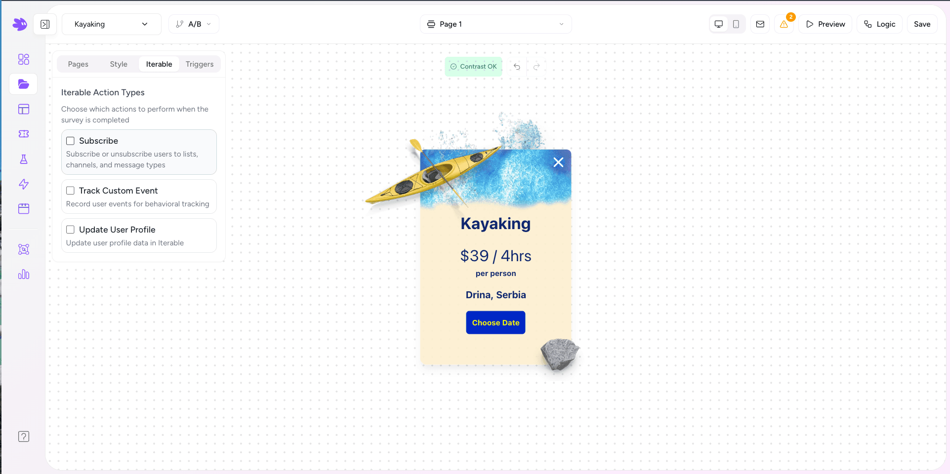 Iterable tab in the widget editor showing action types
