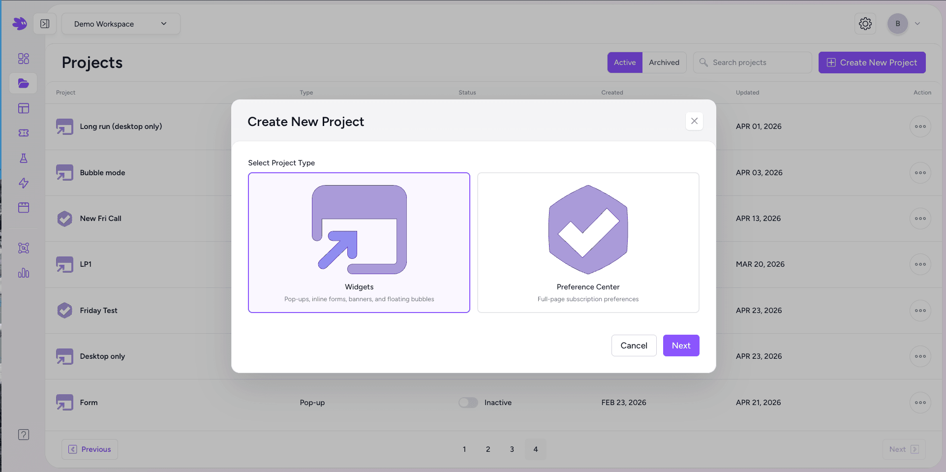 Template picker modal